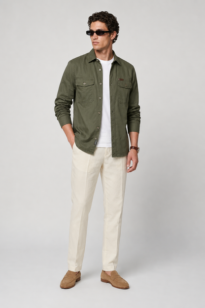 Mens Regular Fit Olive Linen Overshirt