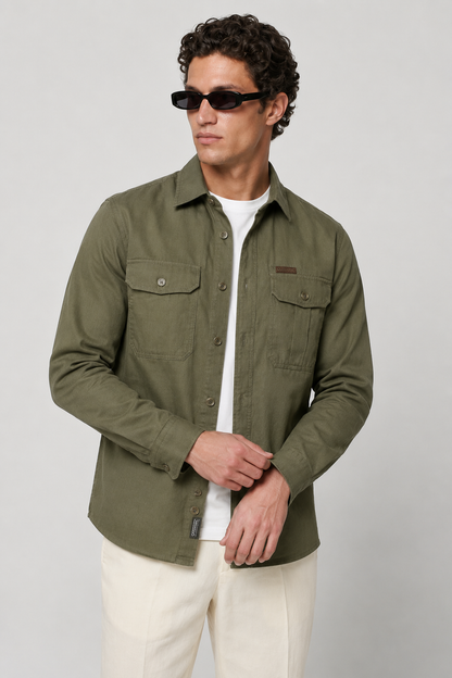 Mens Regular Fit Olive Linen Overshirt