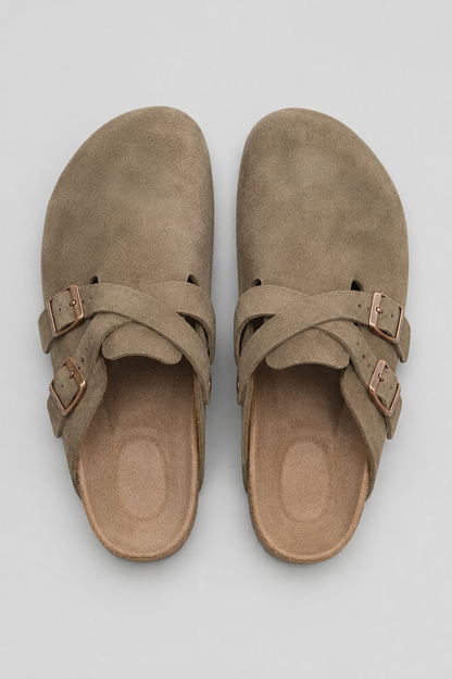 Mens Double Buckle Taupe Suede Sandals