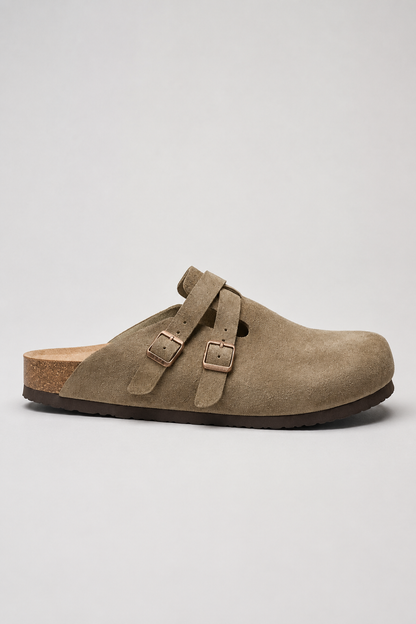 Mens Double Buckle Taupe Suede Sandals