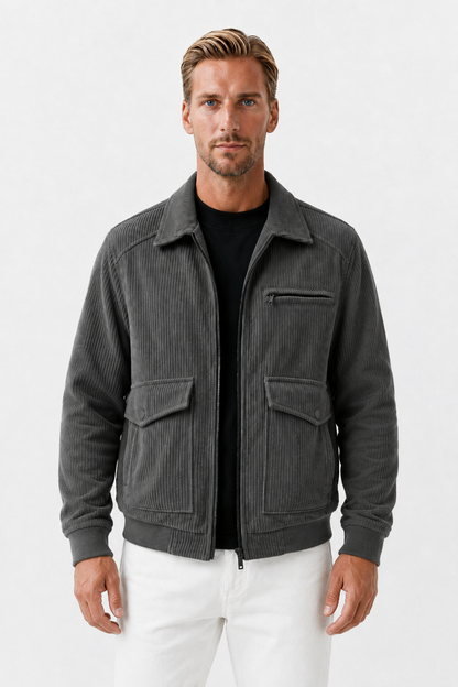 Mens Regular Fit Gray Polyester Corduroy Jacket