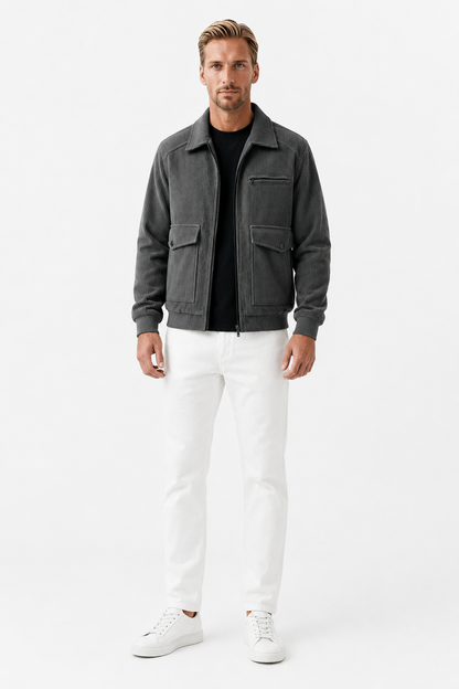 Mens Regular Fit Gray Polyester Corduroy Jacket