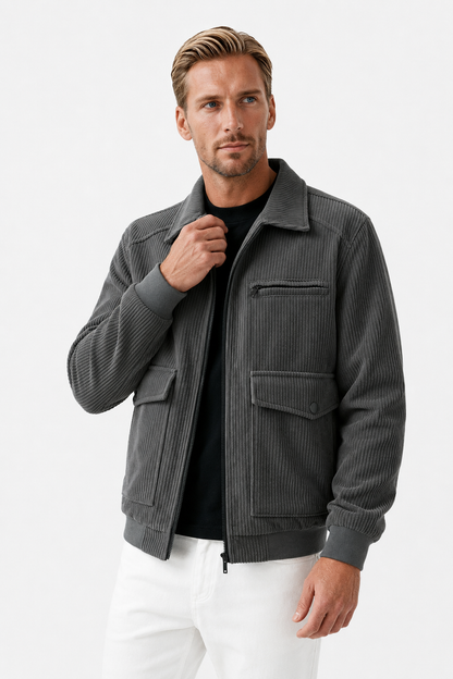 Mens Regular Fit Gray Polyester Corduroy Jacket