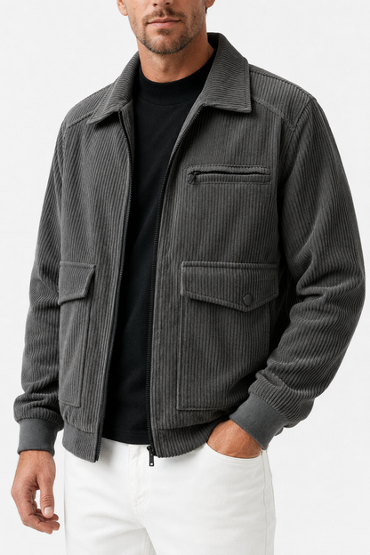 Mens Regular Fit Gray Polyester Corduroy Jacket