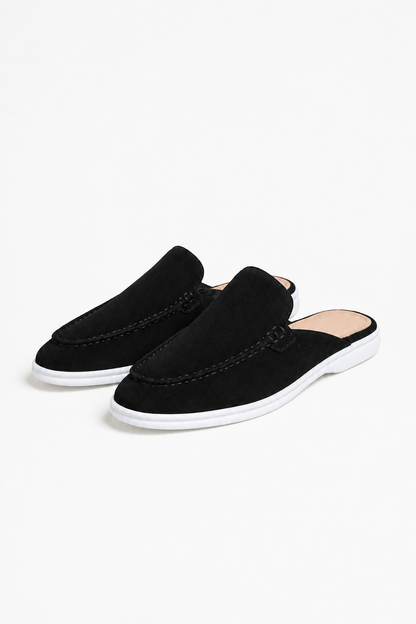 Mens Slip On Black Linen Mule Loafers