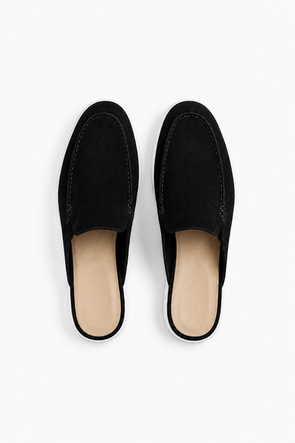 Mens Slip On Black Linen Mule Loafers
