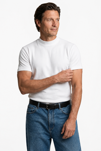 Mens Mock Neck White Knit Tee