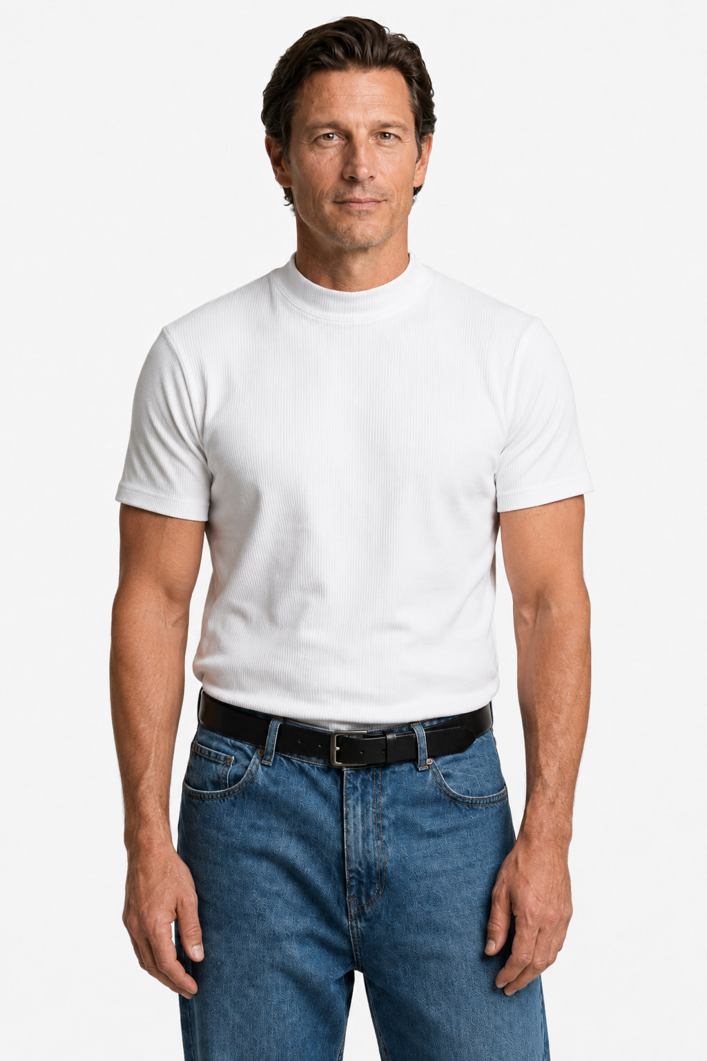 White Ribbed Mock Neck T-Shirt for Men - Slim Fit Knit