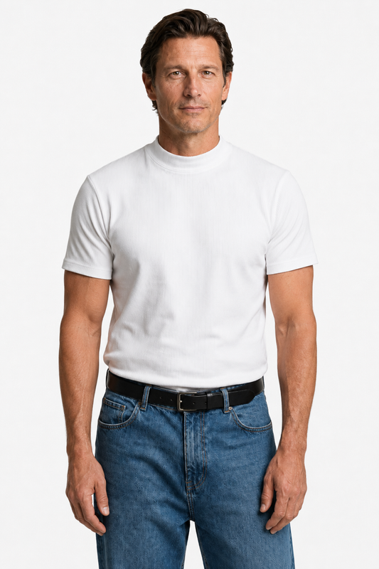 White Ribbed Mock Neck T-Shirt for Men - Slim Fit Knit