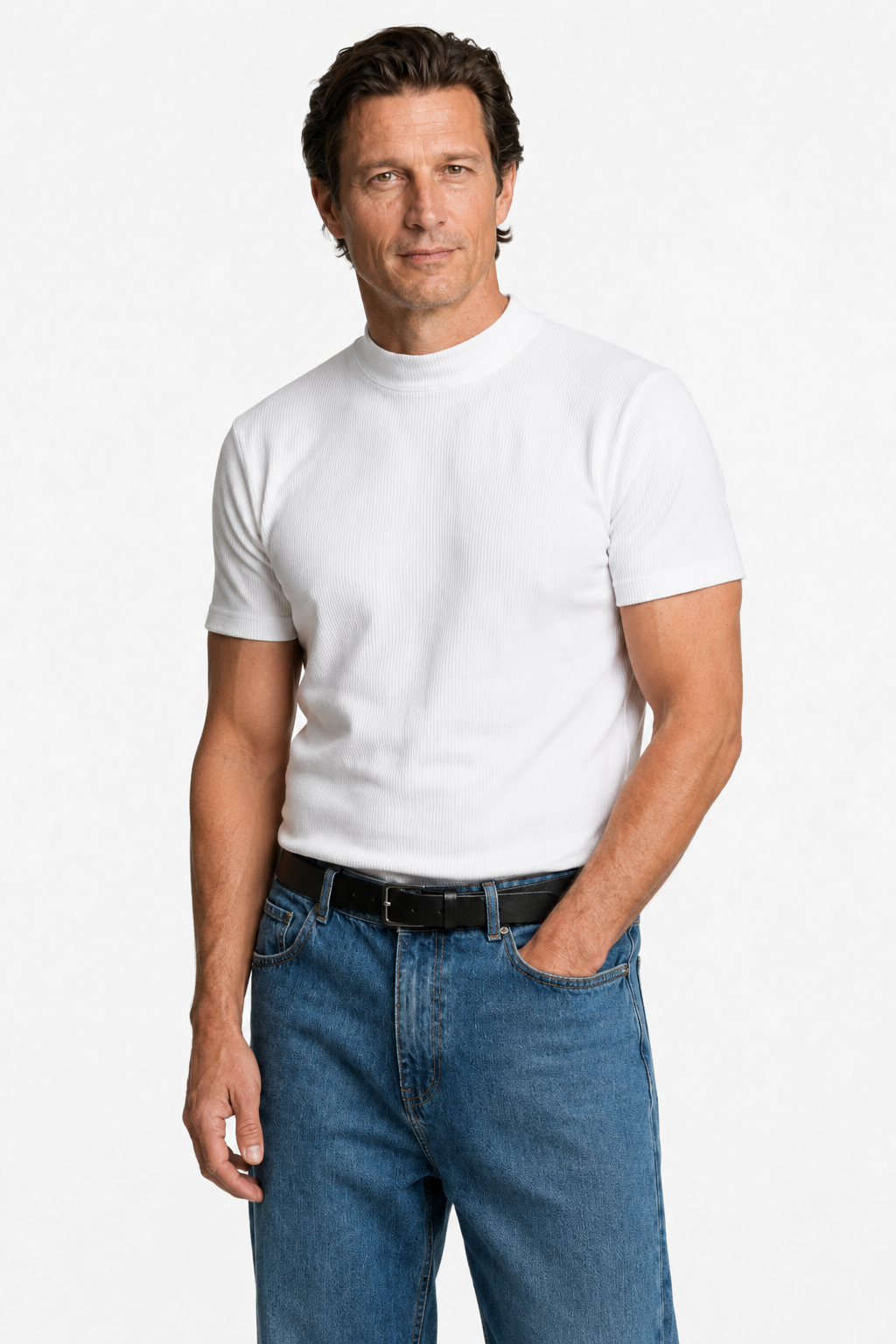 White Ribbed Mock Neck T-Shirt for Men - Slim Fit Knit