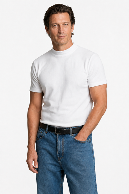 Mens Mock Neck White Knit Tee