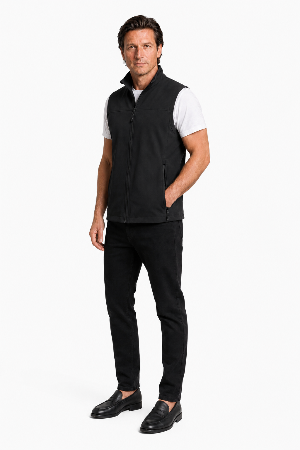 Men's Fleece Vest - Black, Stretchy with Zipper for Outdoor Use