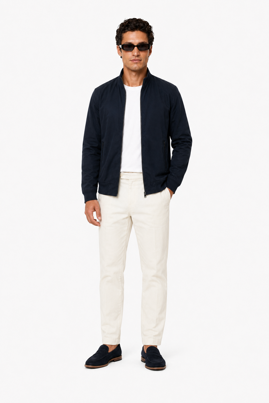 Dark Blue Wool Bomber Jacket for Men – Warm Winter Jacket with Ribbed Edges