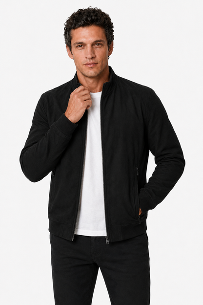 Mens Regular Fit Black Wool Bomber Jacket