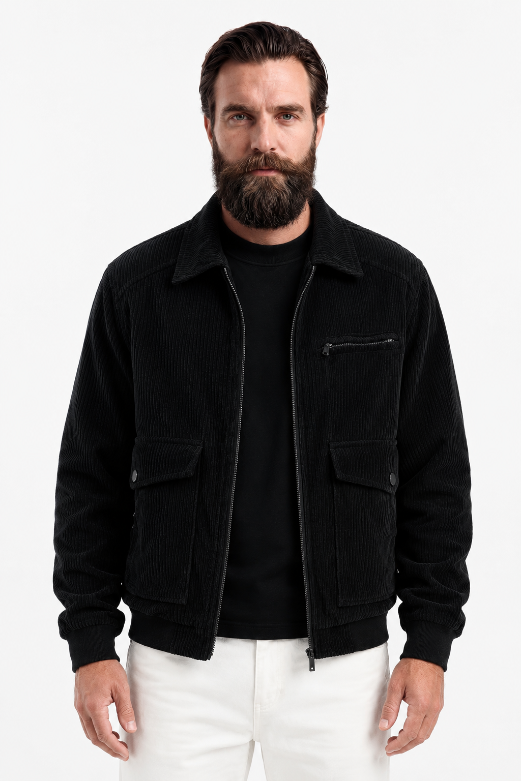 Men's Black Corduroy Jacket with Zipper in Regular Fit - Perfect for Everyday Wear