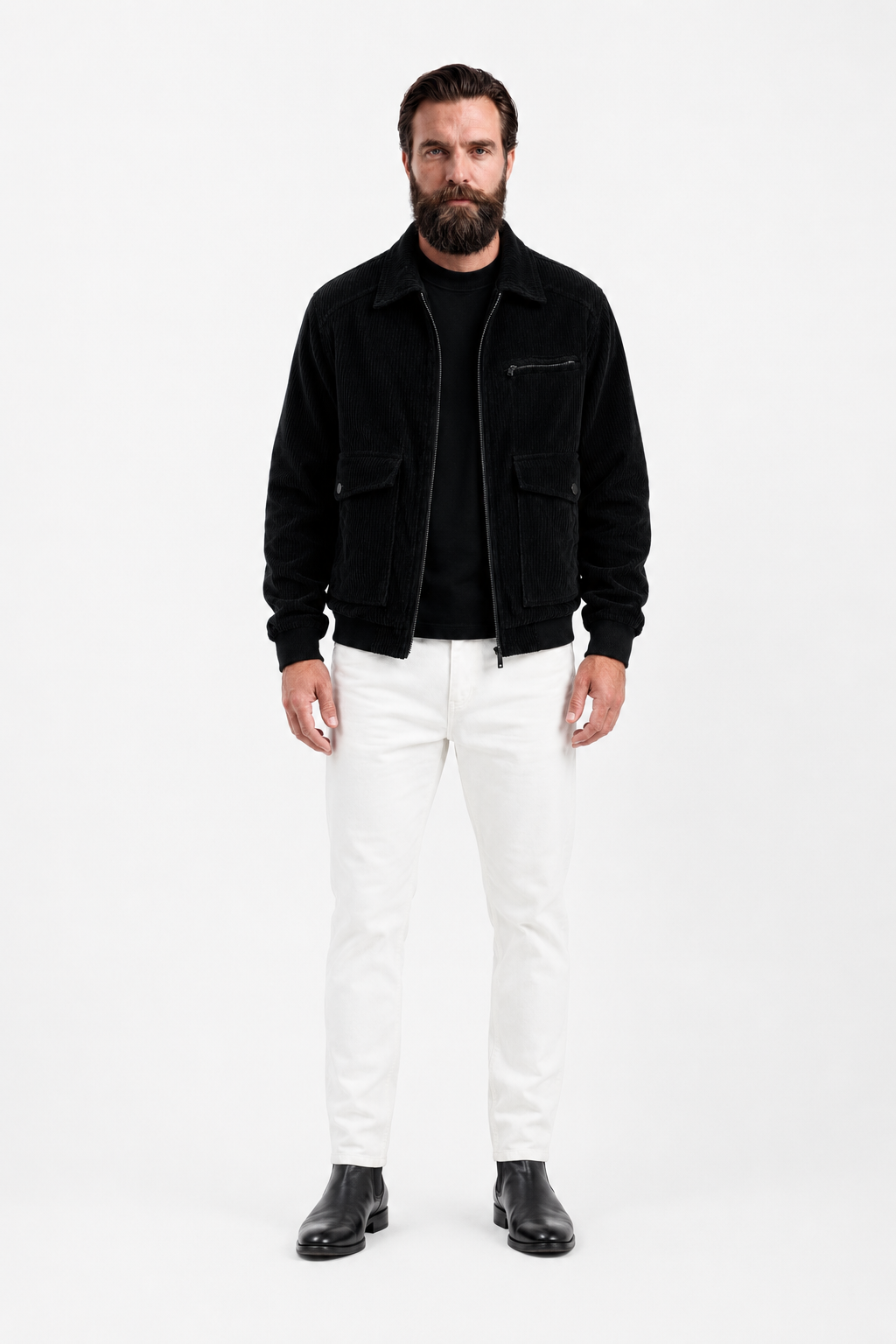 Men's Black Corduroy Jacket with Zipper in Regular Fit - Perfect for Everyday Wear