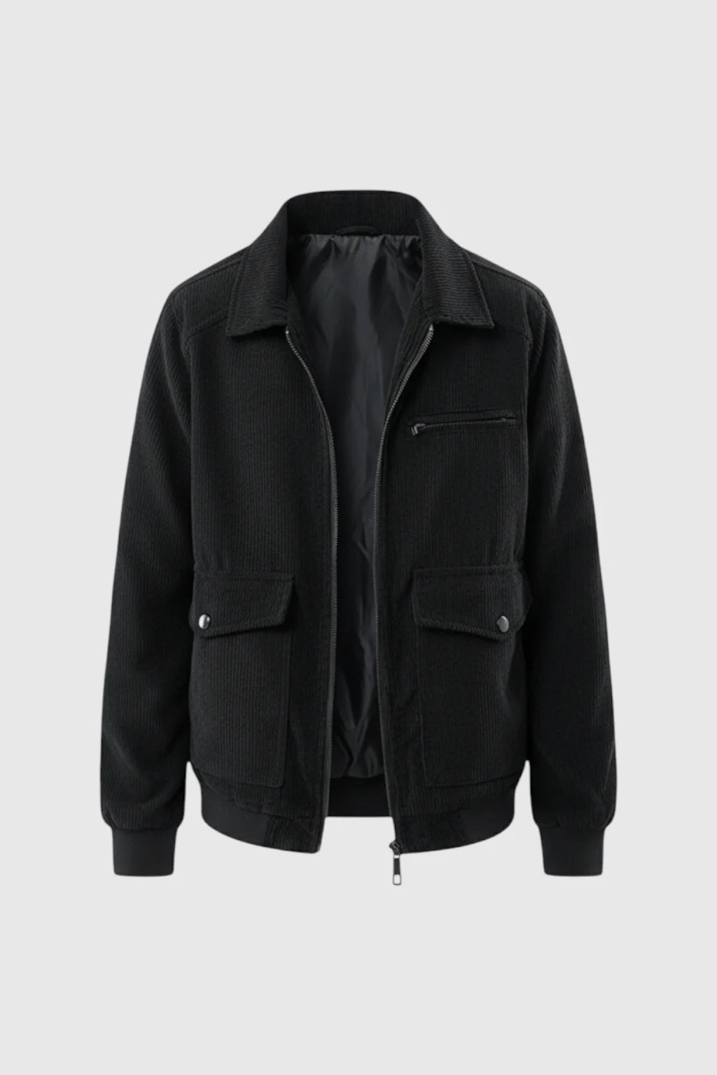 Men's Black Corduroy Jacket with Zipper in Regular Fit - Perfect for Everyday Wear
