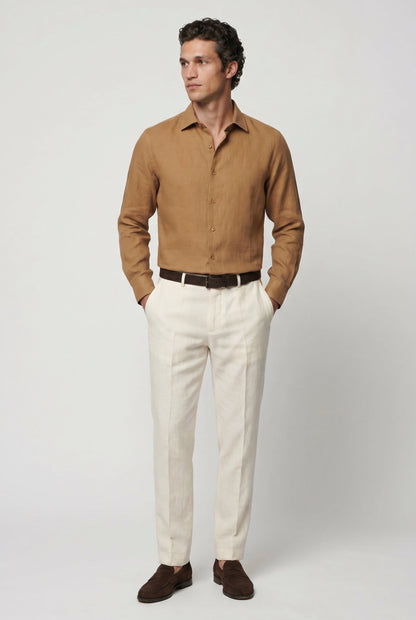 Mens Regular Fit Camel Linen Shirt