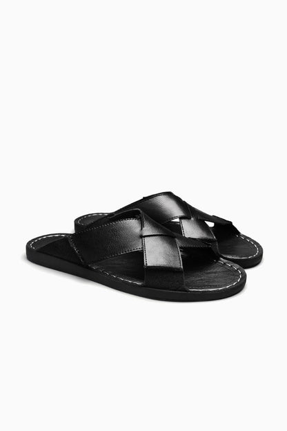 Mens Cross Strap Black Leather Sandals