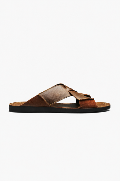 Mens Cross Strap Brown Leather Sandals