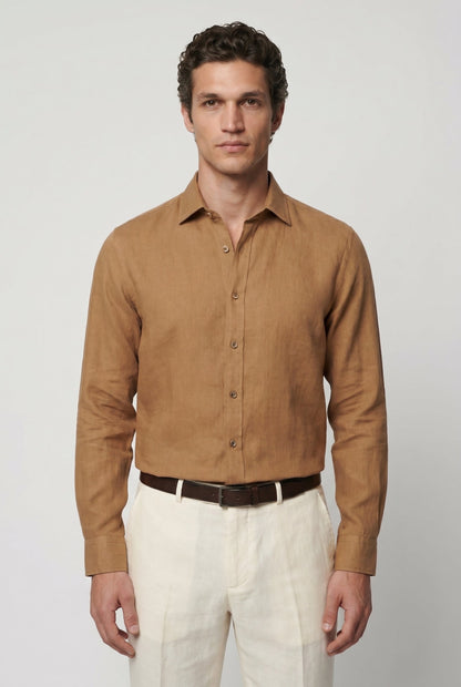 Mens Regular Fit Camel Linen Shirt