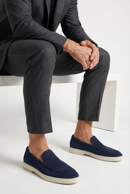 Mens Handmade Italian Dark Blue Suede Penny Loafers